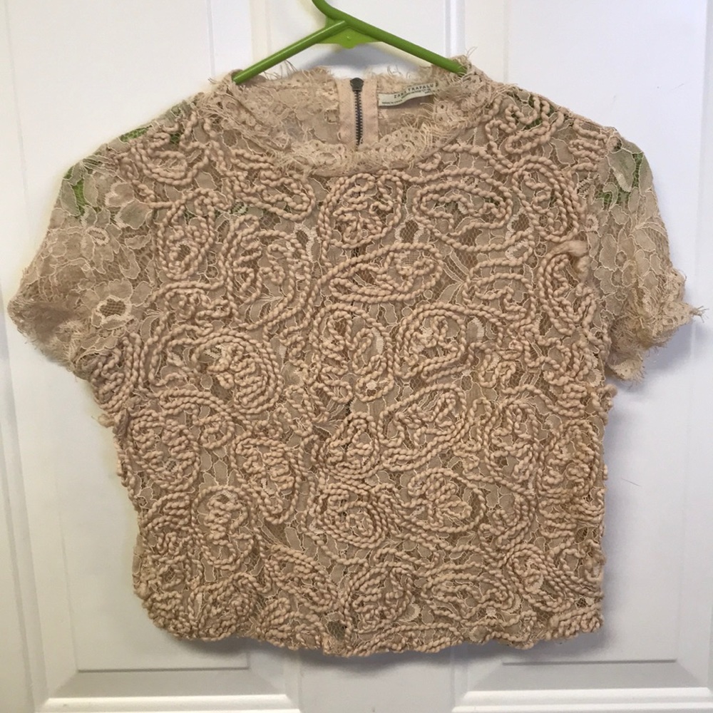 Zara, Crop, Short Sleeved, Light Pink, Lace Top S